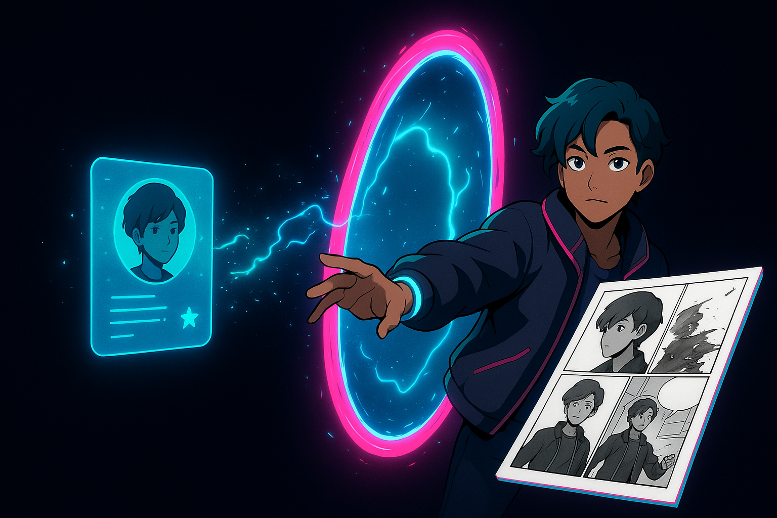 Anime character stepping through a glowing portal from raw profile sketches to a fully realized colored manga page